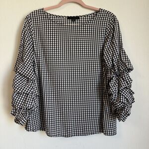 Sanctuary Revolve Black & White Gingham Lightweight  Ruffle Sleeve Blouse Small